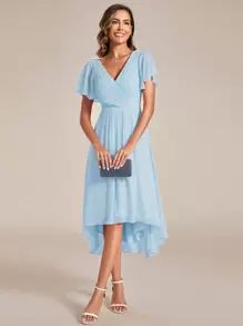 EVERPRETTY Elegant Solid Color V-Neck Short Sleeve Asymmetric Hem Light Blue Bridesmaid Dress, Mid-Length Wedding Guest Dress - Baby Blue - View 7