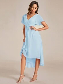 EVERPRETTY Elegant Solid Color V-Neck Short Sleeve Asymmetric Hem Light Blue Bridesmaid Dress, Mid-Length Wedding Guest Dress - Baby Blue - View 4
