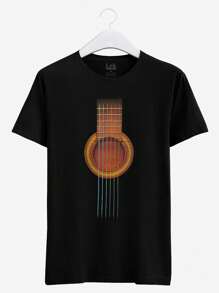 Men's T-Shirt Printed Guitar Round Neck In Premium Cotton Mesh - 黑色 - 查看 5