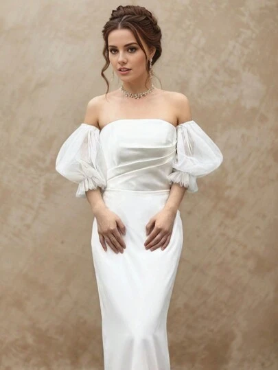 1 件白色双层网眼泡泡袖袖口带松紧带，婚纱配饰秋季配饰