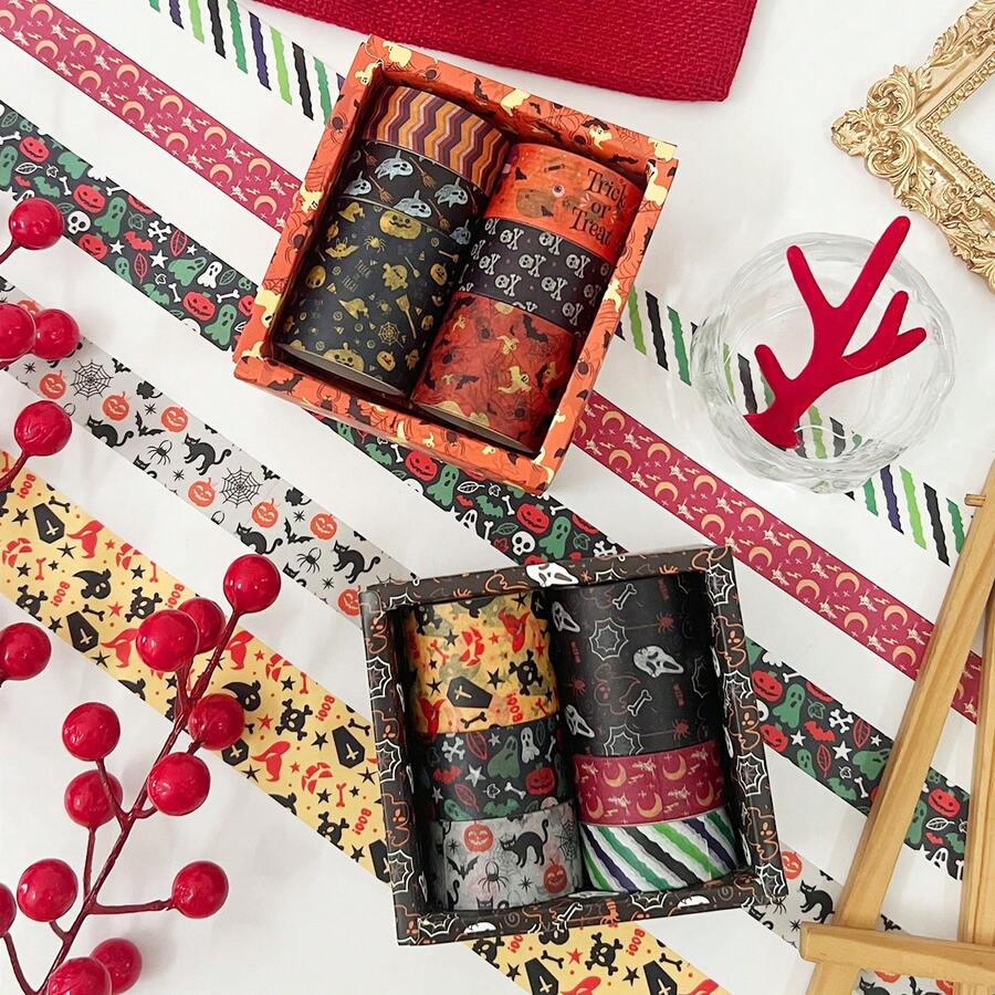6 cuộn/hộp Băng Washi trang trí Halloween có hình đầu lâu, quả bí ngô, con dơi, họa tiết mạng nhện, thích hợp để trang trí tiệc theo chủ đề & gói quà