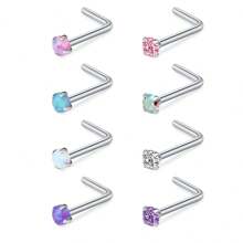 AVYRING 8pcs Opal&Colorful CZ 20g Stainless Steel Nose Stud Rings Piercing L Shaped/Nose Screws Rings Set - Multicolor - View 5