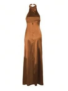 Vestido midi para mujer de cuello halter con abertura lateral slim fit, sin mangas, para fiesta y cóctel, otoño