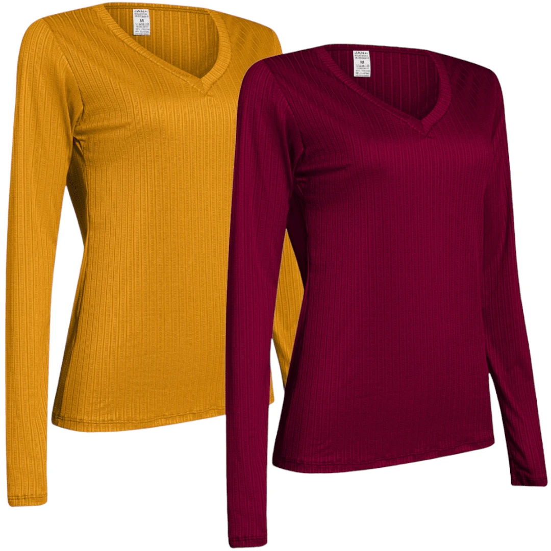 Kit Of 2 Women's Ribbed V-Neck Blouses With Elastane Long Sleeves - 芥末,酒 - 查看 1