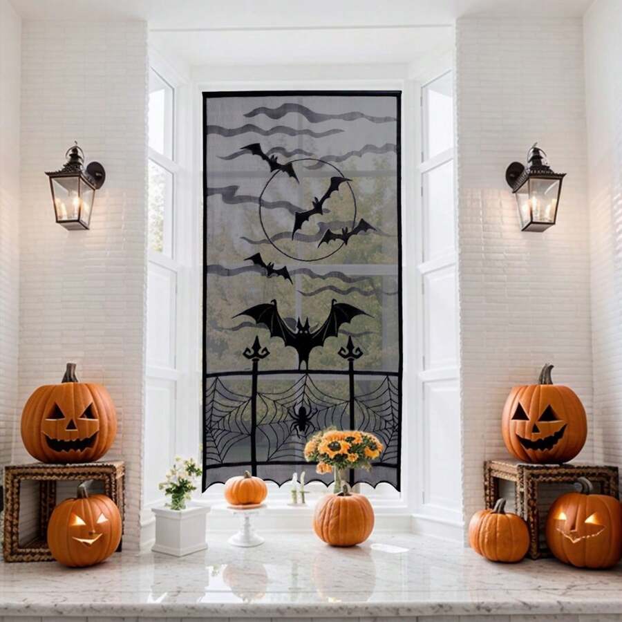1 件万圣节窗帘黑色蝙蝠万圣节蕾丝窗帘，假蕾丝门窗帘板适用于万圣节窗户装饰、圣诞节 - 黑色 - 查看 1