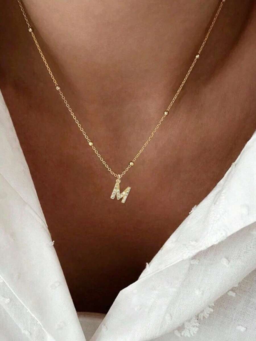 女士首字母吊坠项链，不锈钢简约字母项链，时尚派对珠宝 - 金色 - 查看 1