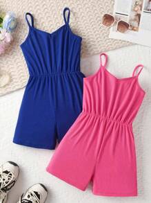 2pcs Tween Girls Solid Color Spaghetti Straps Jumpsuit, Spring Summer; Girls Fashion Casual High Elasticity Clothing