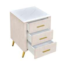 Velvet Nightstand With 3 Drawers, Upholstered Nightstand With Faux Marble Top, Bedside Table Furniture, End Table With Metal Legs For Bedroom, Living Room, Beige/Pink/Grey - 米色 - 查看 7