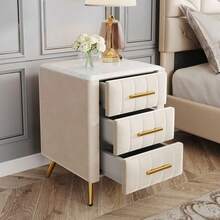 Velvet Nightstand With 3 Drawers, Upholstered Nightstand With Faux Marble Top, Bedside Table Furniture, End Table With Metal Legs For Bedroom, Living Room, Beige/Pink/Grey - 米色 - 查看 4