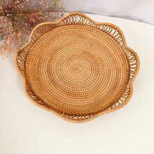 1pc 8.6/11.8 Inch Woven Rattan Wavy Hollow Floral Edge Fruit Basket/Snack Tray, Creative Storage Basket