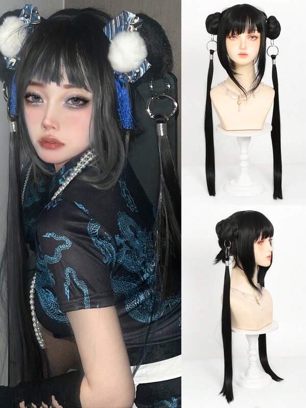 شعر مستعار قصير مستقيم أسود مقاوم للحرارة مع ذيلين وكعكتين، باروكة لوليتا مع غرة للنساء، ازياء كوسبلاي أنمي وحفلات هالوين