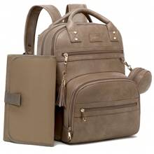 Vegan Leather Diaper Bag Backpack With Changing Pad And Pacifier Holder, Multi-Functional Baby Bag For Boy Girl, Waterproof For Travel, Perfect Baby Shower Gifts For Mom, Dad, Newborn - màu nâu sẫm - Xem 1