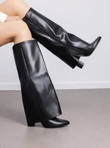 Botas altas hasta la rodilla con pliegue para mujer, tacón grueso, cremallera, puntera puntiaguda, moda de fiesta, unicolor, punk, tendencia, estilo callejero - NEGRO-PU - Ver 1