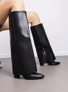Botas altas hasta la rodilla con pliegue para mujer, tacón grueso, cremallera, puntera puntiaguda, moda de fiesta, unicolor, punk, tendencia, estilo callejero - NEGRO-PU - Ver 3
