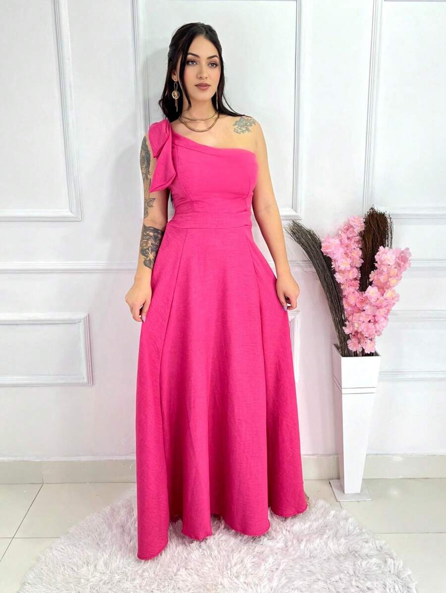 Long Luxury Plain Duna Linen Dress With Bow One Shoulder - Hot Pink - View 1