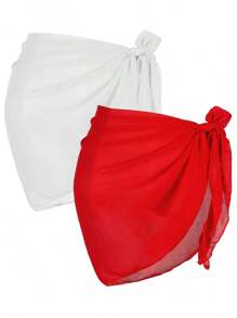 2 Pcs Swimsuit Coverups For Women Sarong Beach Wrap Sheer Short Skirt Chiffon Scarf Coverup For Swimwear Bathing Suit - 紅+白 - 查看 1