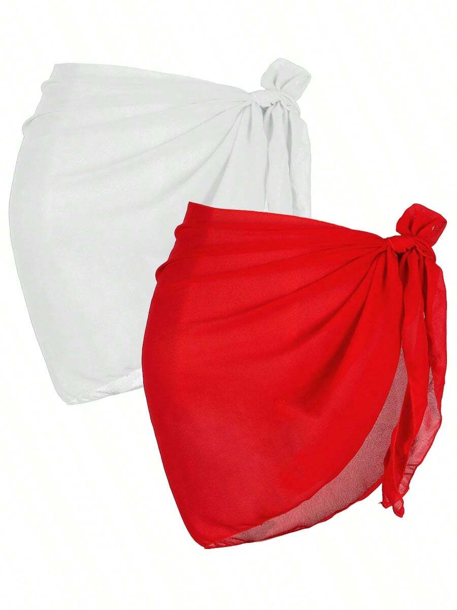 2 Pcs Swimsuit Coverups For Women Sarong Beach Wrap Sheer Short Skirt Chiffon Scarf Coverup For Swimwear Bathing Suit - 紅+白 - 查看 1