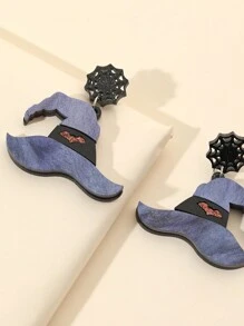 1pair Double Layer Acrylic Original Design Magic Witch Hat With Bat Spider Web Drop Earrings For Women Girl For Funny Horror Halloween All Saints' Day Jewelry Accessories