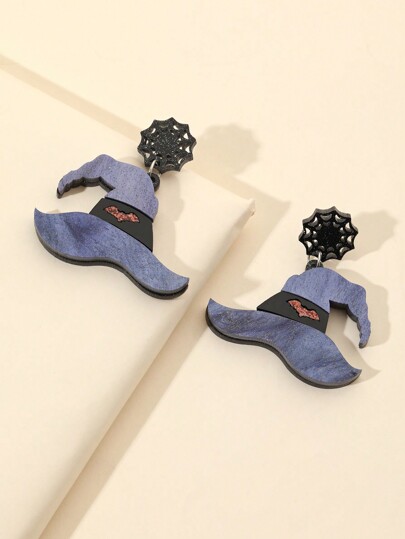 1pair Double Layer Acrylic Original Design Magic Witch Hat With Bat Spider Web Drop Earrings For Women Girl For Funny Horror Halloween All Saints' Day Jewelry Accessories