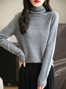 女士无缝毛衣高领一线成衣长袖针织套头衫 - 灰色 - 查看 8