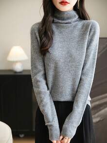 女士无缝毛衣高领一线成衣长袖针织套头衫 - 灰色 - 查看 4