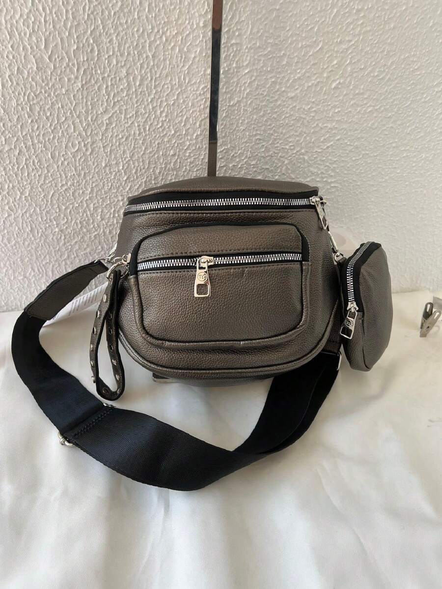 Women's Bag Kit With A Coin Purse Crossbody Bag Large Stylish Modern Blogger With Wide Strap In Pure Black - Grey - View 1