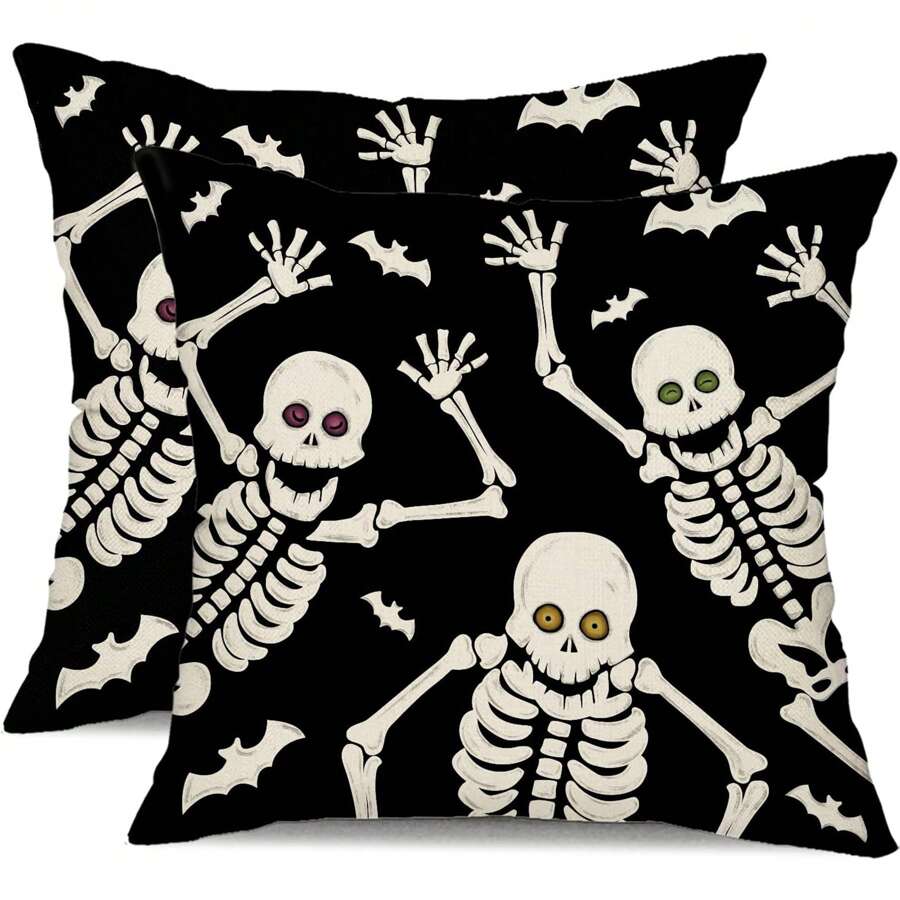 2件装万圣节枕套万圣节快乐白色骷髅装饰枕套万圣节快乐沙发床户外车饰单面无枕芯 - 黑與白 - 查看 1