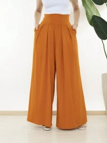 Wide-Leg Loose-Fitting Palazzo Pants In Viscose Fabric, Wide Waistband, High Waist, Pleats - Orange - View 5