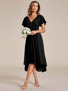 Elegant Autumn Solid V-Neck Ruffle Sleeve Asymmetric Hem Black Bridesmaid Dress, Wedding Guest Dress - Black - View 5