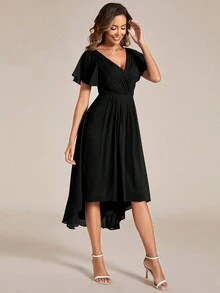 Elegant Autumn Solid V-Neck Ruffle Sleeve Asymmetric Hem Black Bridesmaid Dress, Wedding Guest Dress - Black - View 4