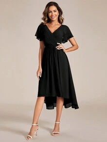 Elegant Autumn Solid V-Neck Ruffle Sleeve Asymmetric Hem Black Bridesmaid Dress, Wedding Guest Dress - Black - View 2