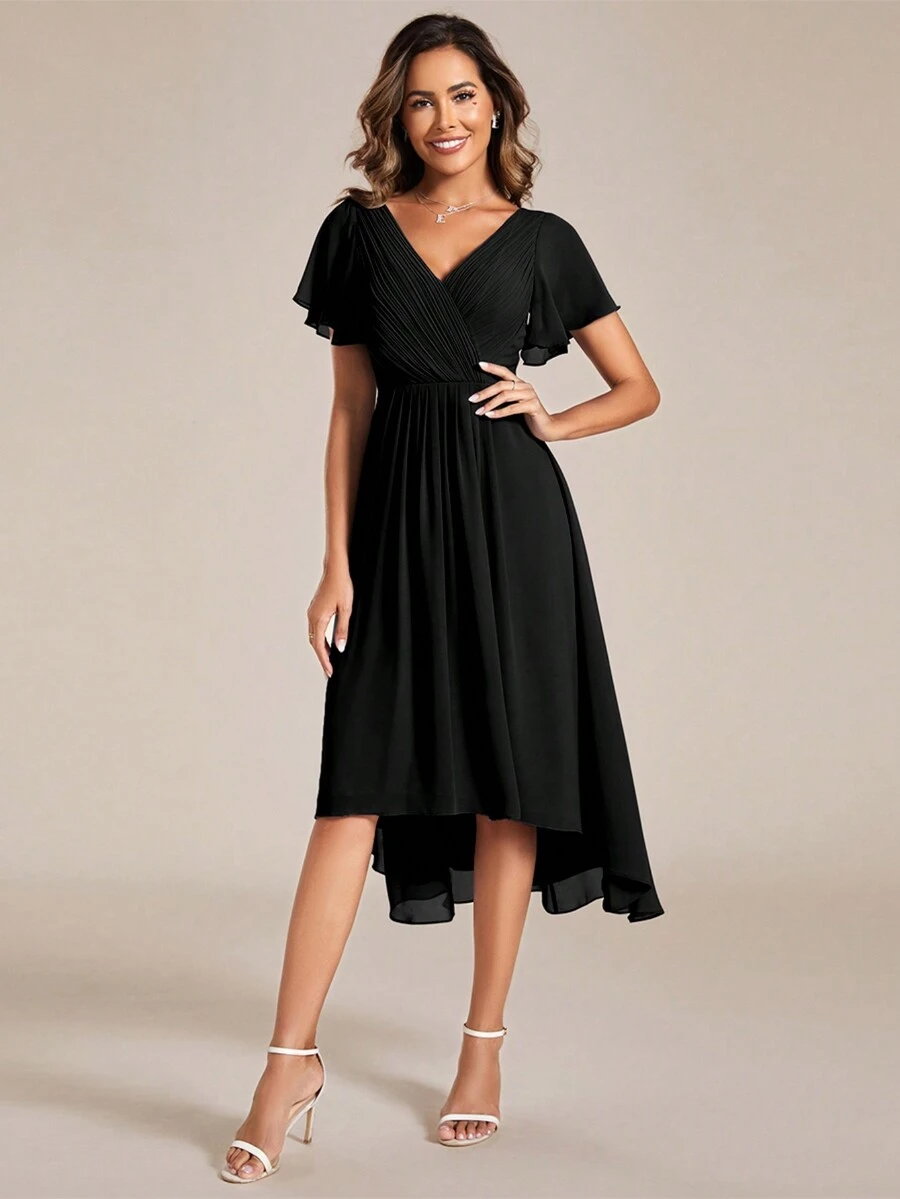 Elegant Autumn Solid V-Neck Ruffle Sleeve Asymmetric Hem Black Bridesmaid Dress, Wedding Guest Dress