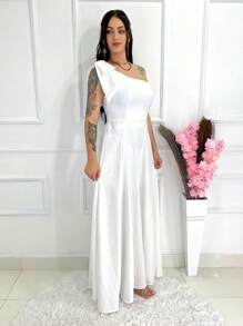 Long Luxury Plain Duna Linen Dress With Bow One Shoulder - White - View 3