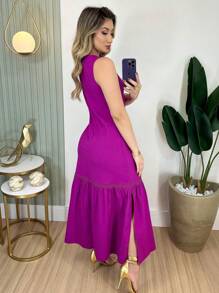 Long Women's Dress With Lace Cutout On The Side - Rose Red - View 2