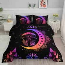 Sun And Moon Comforter Sets ,Mushroom Comforter For Adults Women,Stars Cosmic Planets Bed Set ,Black And Purple Sun And Moon Bedding Boho Sun Moon Astrology Comforter Set With 2 Pillowcases