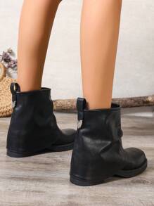 秋冬女士时尚靴子搭配黑色连衣裙，黑色褶皱筒靴，粗跟，中跟，方头，做旧，一脚蹬，优雅百搭，新款时尚女靴 - 黑色 - 查看 5