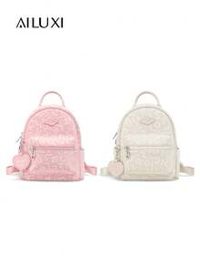 AILUXI 可爱时尚的设计师轻便商务休闲大容量背包，别致的 PU 皮革粉色钱包和书包，简约复古几何图案背包，配有可爱的心形吊坠，便携式可调节肩带拉链旅行包和书包 - 彩色 - 查看 2