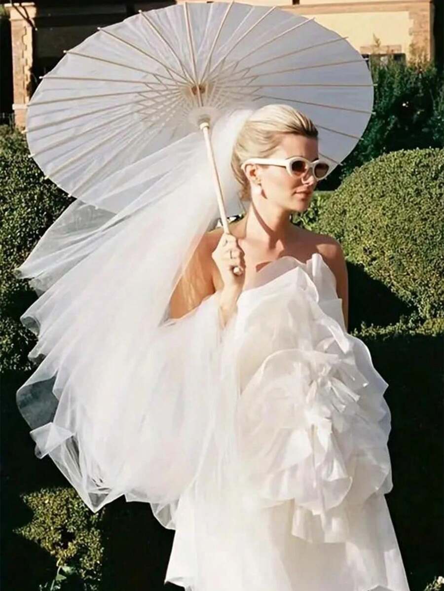 1pc Handpainted Umbrella, Blank Oiled Paper Umbrella, Wedding Umbrella - White - View 1