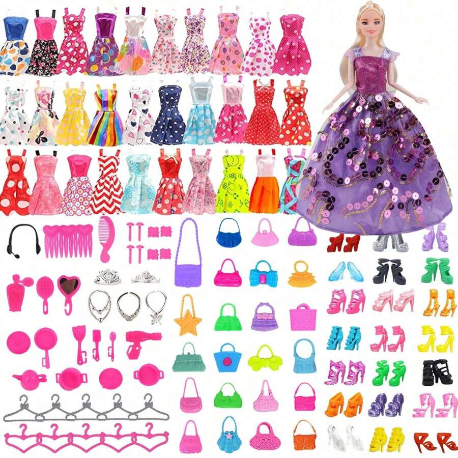 Set Of 66 Doll Accessories, Including Clothes, Skirts, Shoes, Hanger, Handbag, Necklace, Crown (Dolls Not Included) Style Random, Holiday Gifts