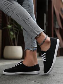 Women's Solid Color Canvas Flat Shoes, Round Toe Breathable Non-Slip Lace-Up Classic Canvas Shoes, Solid Color Low-Top Casual Shoes, Women's Comfortable Footwear, Sports Shoes, Outdoor Shoes