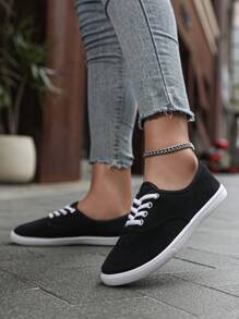 Women's Solid Color Canvas Flat Shoes, Round Toe Breathable Non-Slip Lace-Up Classic Canvas Shoes, Solid Color Low-Top Casual Shoes, Women's Comfortable Footwear, Sports Shoes, Outdoor Shoes