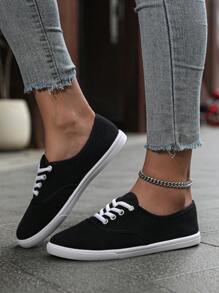 Women's Solid Color Canvas Flat Shoes, Round Toe Breathable Non-Slip Lace-Up Classic Canvas Shoes, Solid Color Low-Top Casual Shoes, Women's Comfortable Footwear, Sports Shoes, Outdoor Shoes