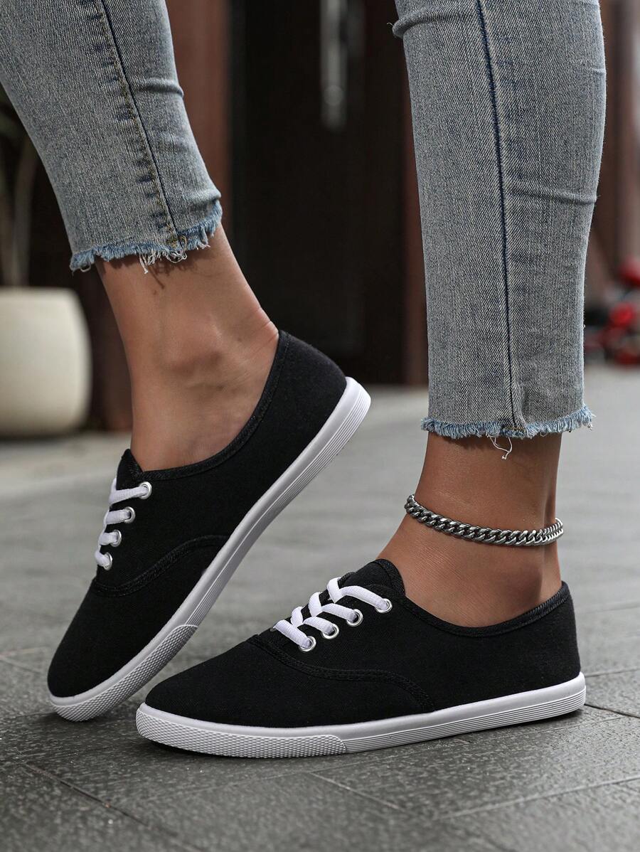 Women's Solid Color Canvas Flat Shoes, Round Toe Breathable Non-Slip Lace-Up Classic Canvas Shoes, Solid Color Low-Top Casual Shoes, Women's Comfortable Footwear, Sports Shoes, Outdoor Shoes