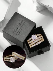 礼盒套装 2 枚戒指，奢华全水钻订婚戒指，适合婚宴，情人节礼物，适合女孩、妈妈、母亲、母亲节、礼物