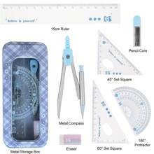 Juego de 7 piezas/caja que incluye regla, compás, regla triangular, útiles escolares, estuche a prueba de roturas, compás para geometría, juego de transportador, kit de geometría, herramientas de dibujo, juego de dibujo técnico (con un número aleatorio de minas en cada set), útiles escolares, de vuelta a la escuela