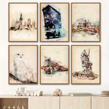 6 pièces Affiches sur canevas vintage, art moderne, château du monde magique, impression d'art peinture à l'huile, cadeau idéal pour le salon, la cuisine, la décoration de la maison, l'art mural, la décoration de la chambre, sans cadre