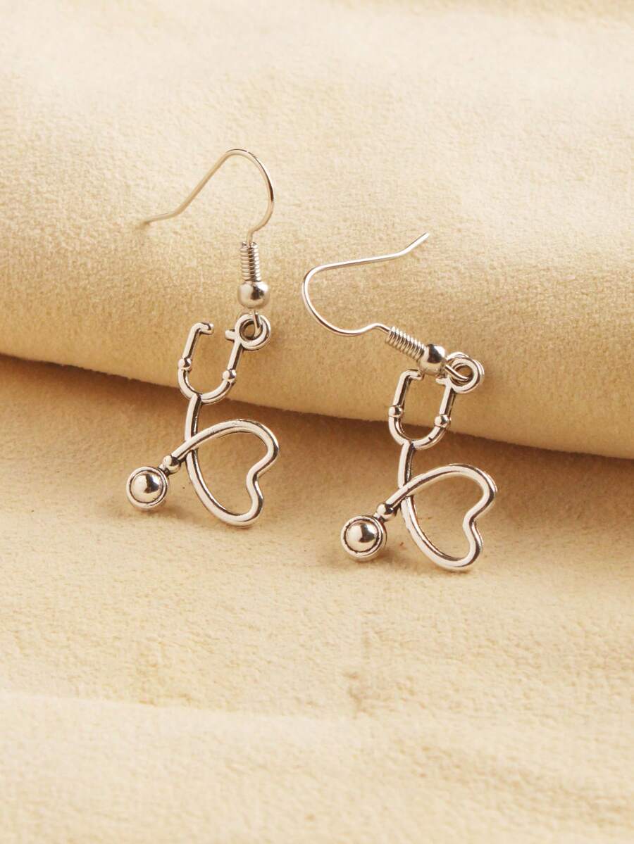 1 đôi Bông tai mặt dây chuyền hình trái tim bằng ống nghe cổ điển, chất liệu hợp kim với trụ khuyên tai bằng sắt, không mạ - Phụ kiện tai theo chủ đề y tế thời trang, thích hợp để đeo hàng ngày và làm quà tặng - Màu Bạc Cổ - Xem 1
