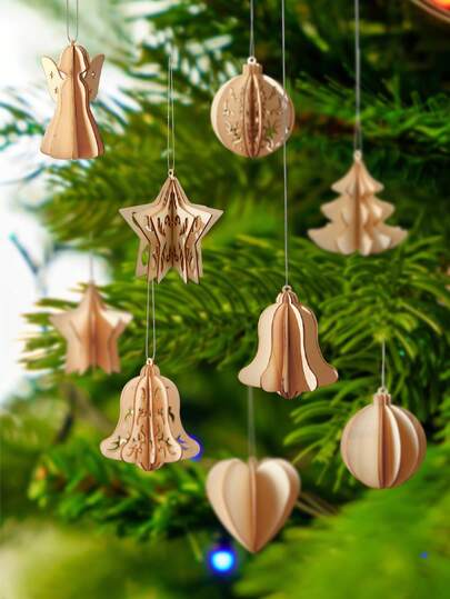 1 st enkel hängande prydnad för 3D-pussel i trä, inkluderar trästjärna, hjärta och julgransformer, för dekoration av julscen