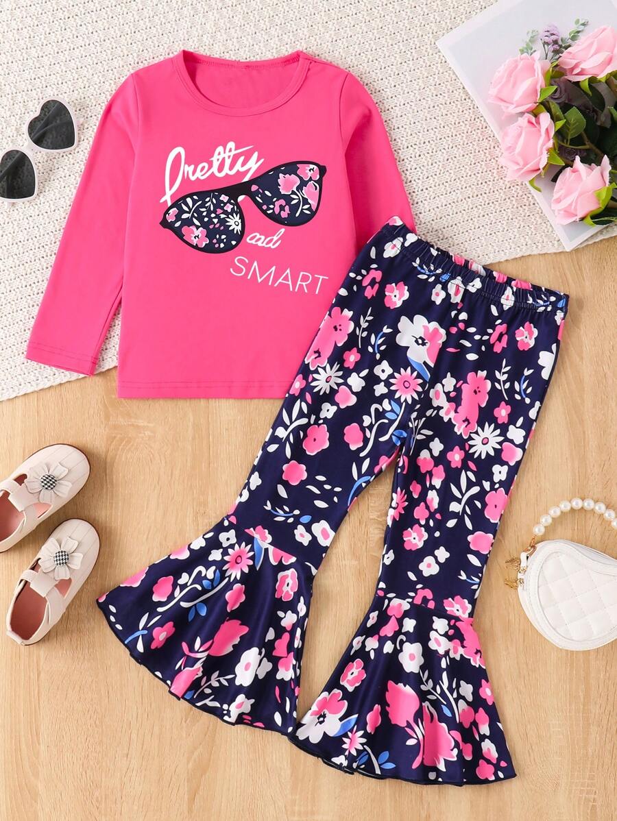 2 件装女婴可爱眼镜全身印花长袖上衣和喇叭裤套装，春秋 - 玫紅色 - 查看 1