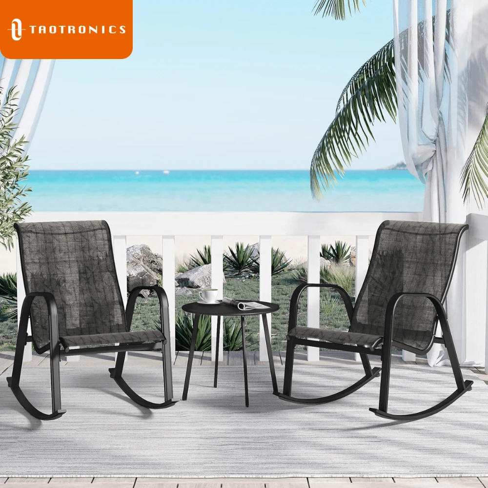 3 Piece Outdoor Bistro Set, Round Patio Table and Chairs Set for 2 with Breathable Mesh Seat and Cushions, Light Grey